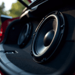 Žemų dažnių garsiakalbis sumontuotas automobilio bagažinėje.