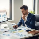 Verslo atstovas analizuoja duomenis ir kuria strategiją matomumui internete didinti