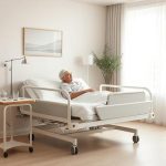 Slaugos lova su čiužiniu nuo pragulų, apšviesta natūralia šviesa, jaukioje ir modernioje slaugos aplinkoje.